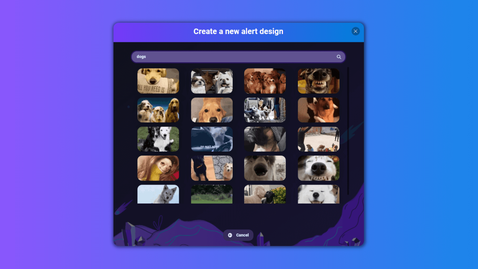This image shows various dog GIFs availabe in the Sound Alerts GIF library.