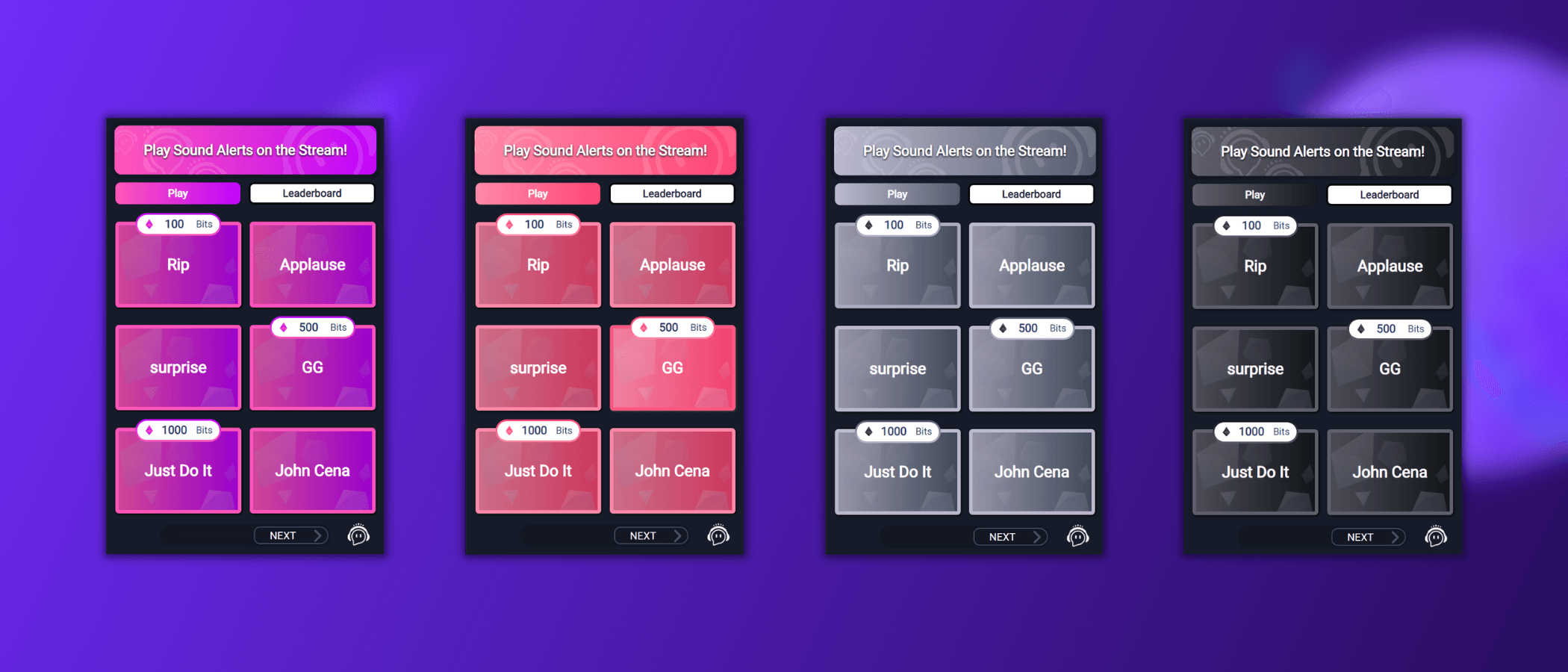 This image displays four of the new 8 Twitch Extension designs for Sound Alerts: Pink, Blush, Gray and Dark.