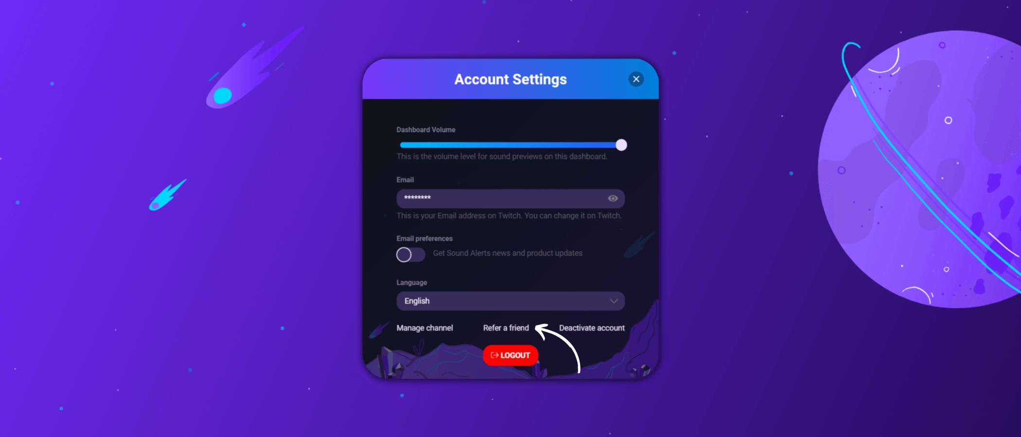 This image shows how you can access the "Refer a friend" settings through the account settings in the Sound Alerts Dashboard. 