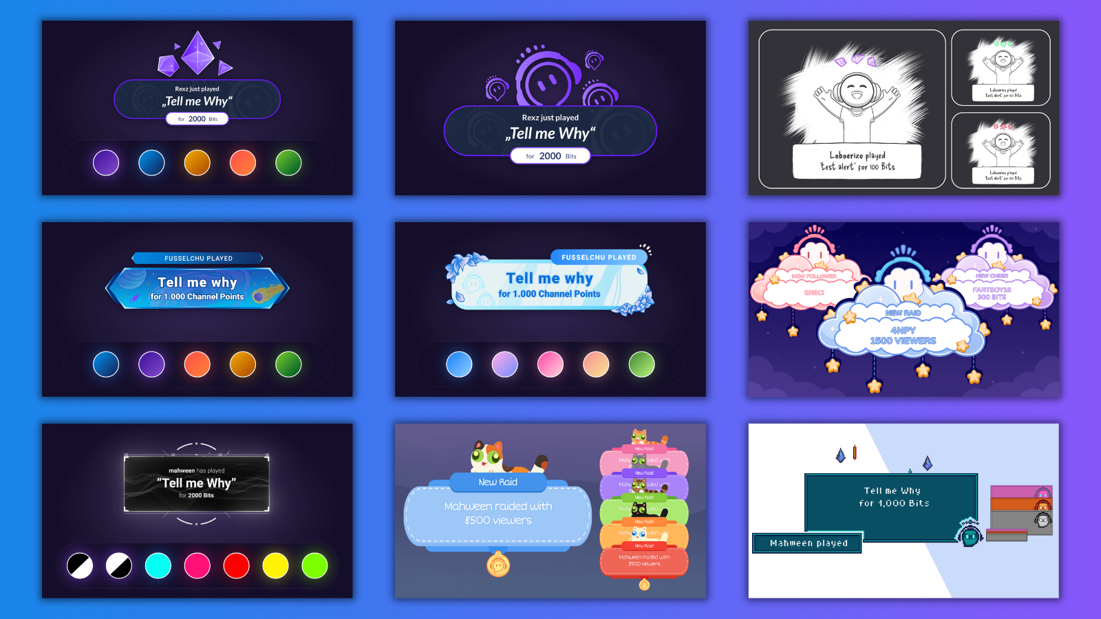 This image shows the 9 initial designs of the Alert Animation Store of Sound Alerts.