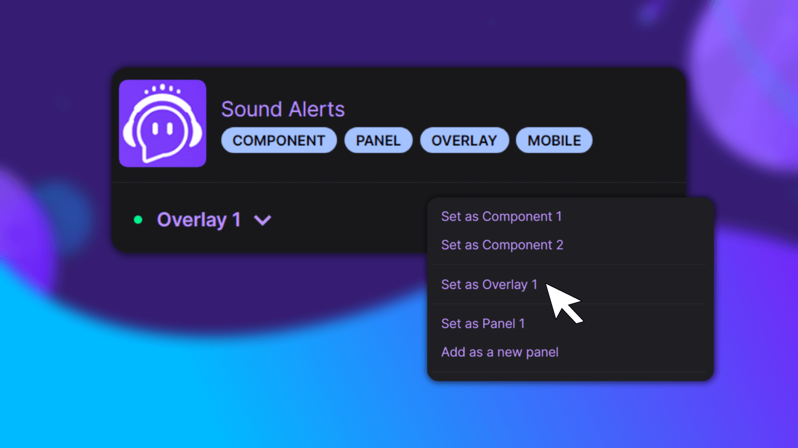 This image shows the activation process of the overlay slot for the Sound Alerts Twitch Extension.