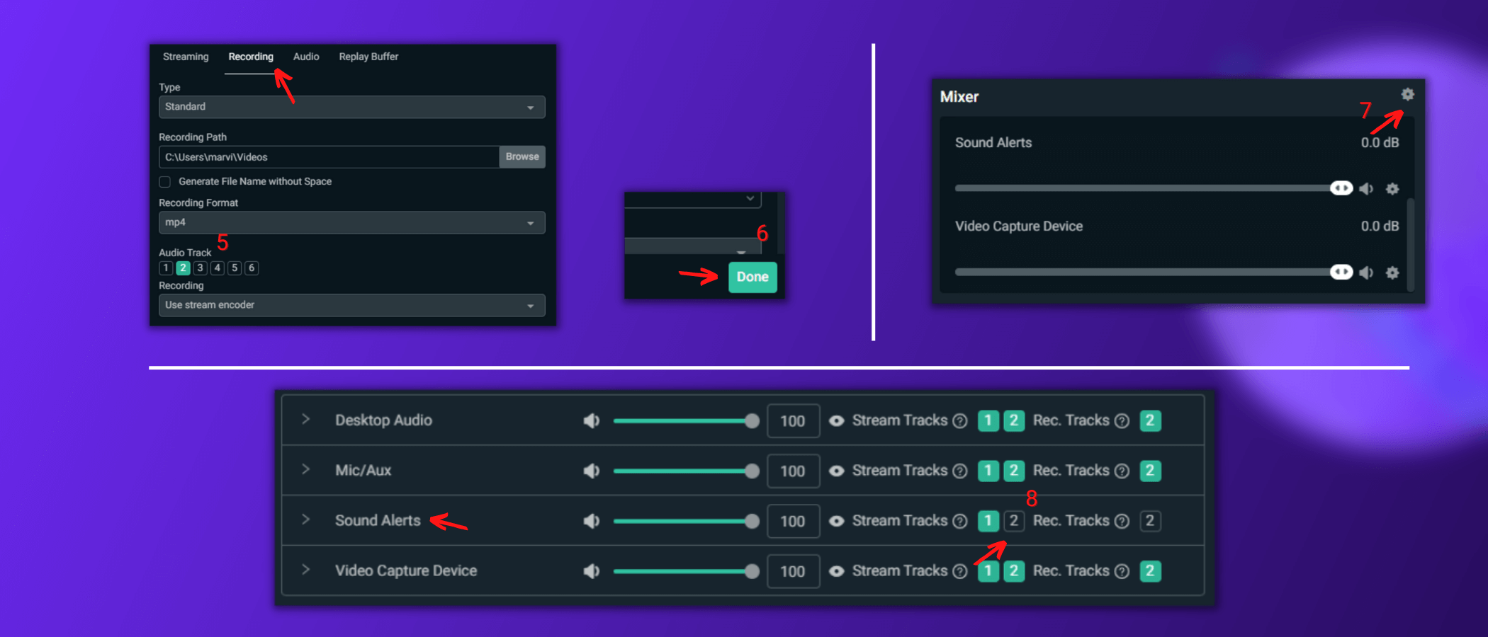 This picture displays the Advanced Audio Properties section of OBS which needs to be adjusted to mute Sound Alerts in your Streamlabs Desktop recordings.