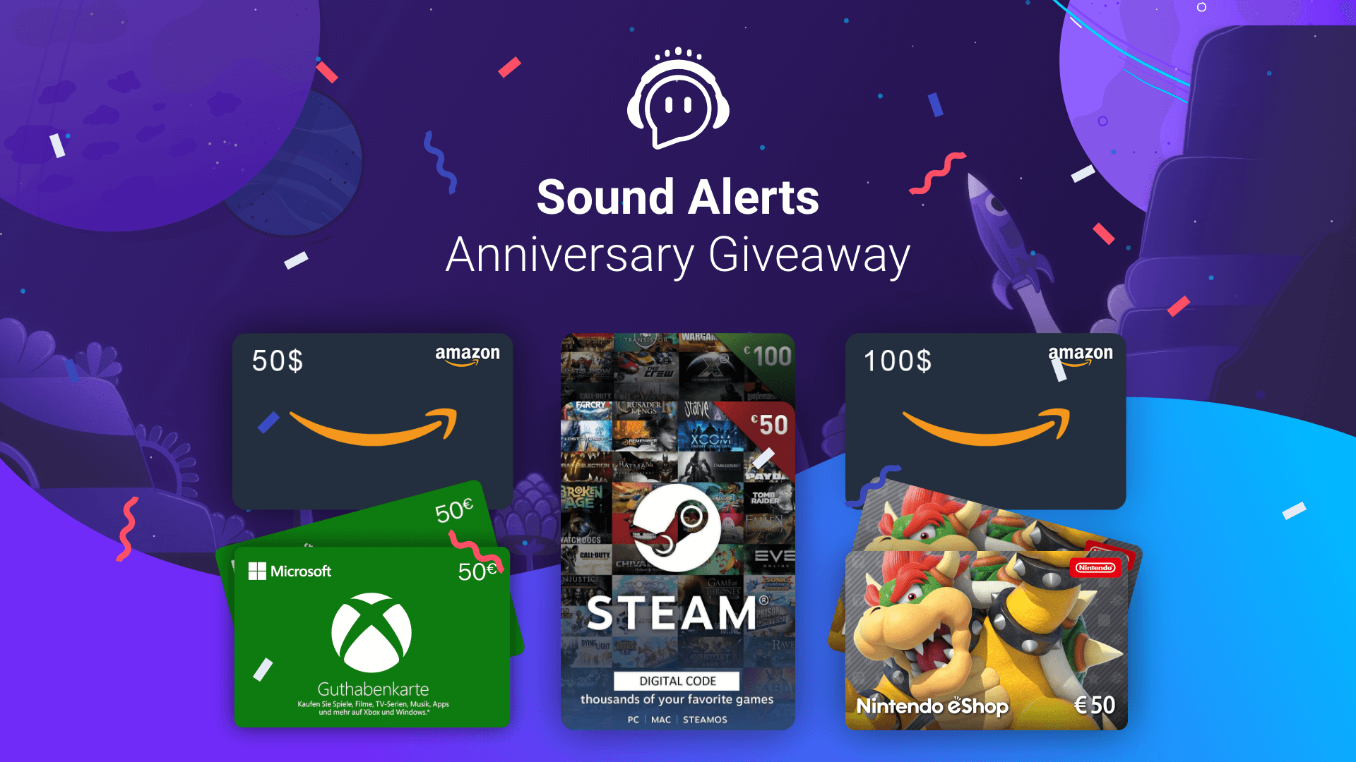 This graphic shows the gift card prizes of the Sound Alerts anniversary giveaway