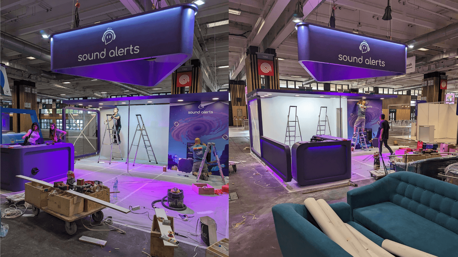 This image shows the early construction phase of the Sound Alerts booth at TwitchCon Paris
