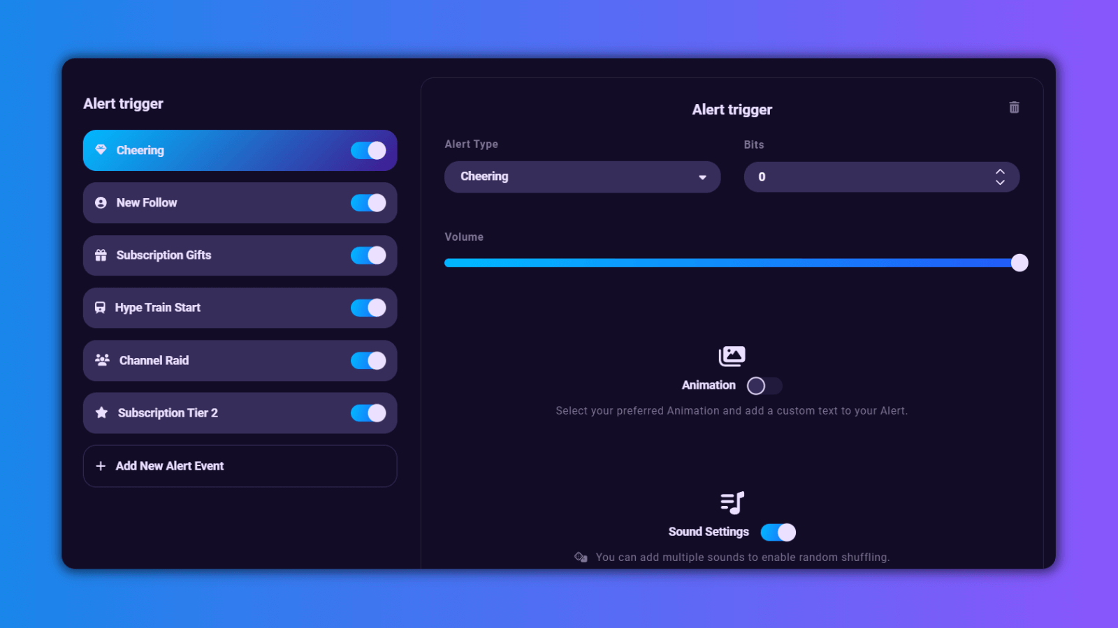 This image shows you how to create console sound alerts for your stream via the Dashboard.