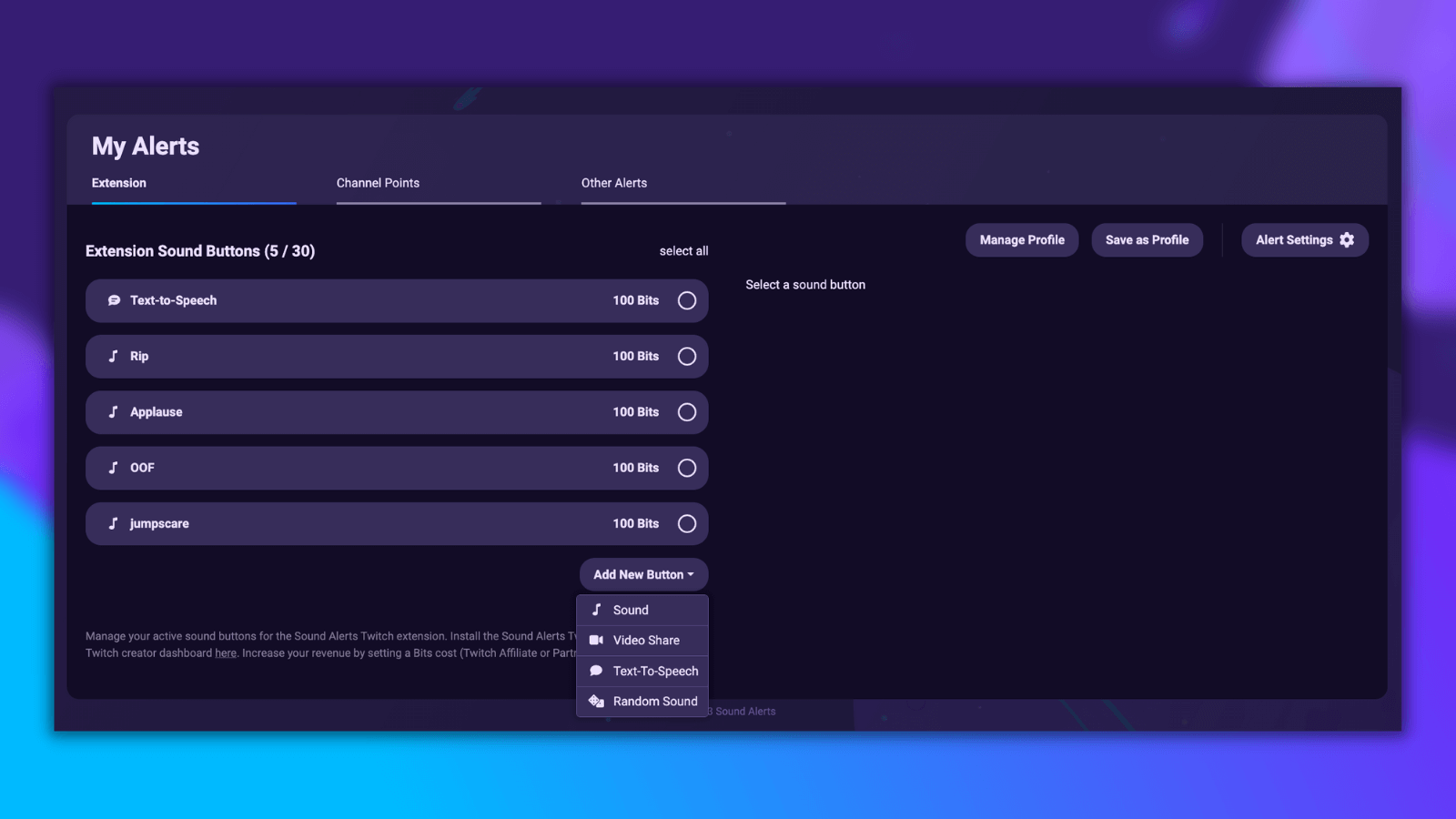 This image shows the Sound Alerts Dashboard and the process of adding a Video Share Alert Button to the Twitch Extension.