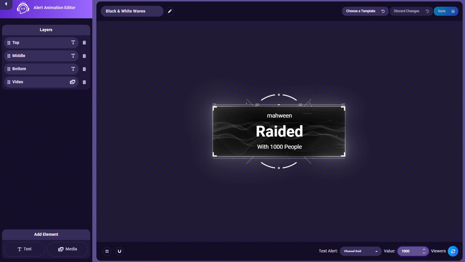 This image shows the alert animation editor of Sound Alerts with a raid alert for Twitch.