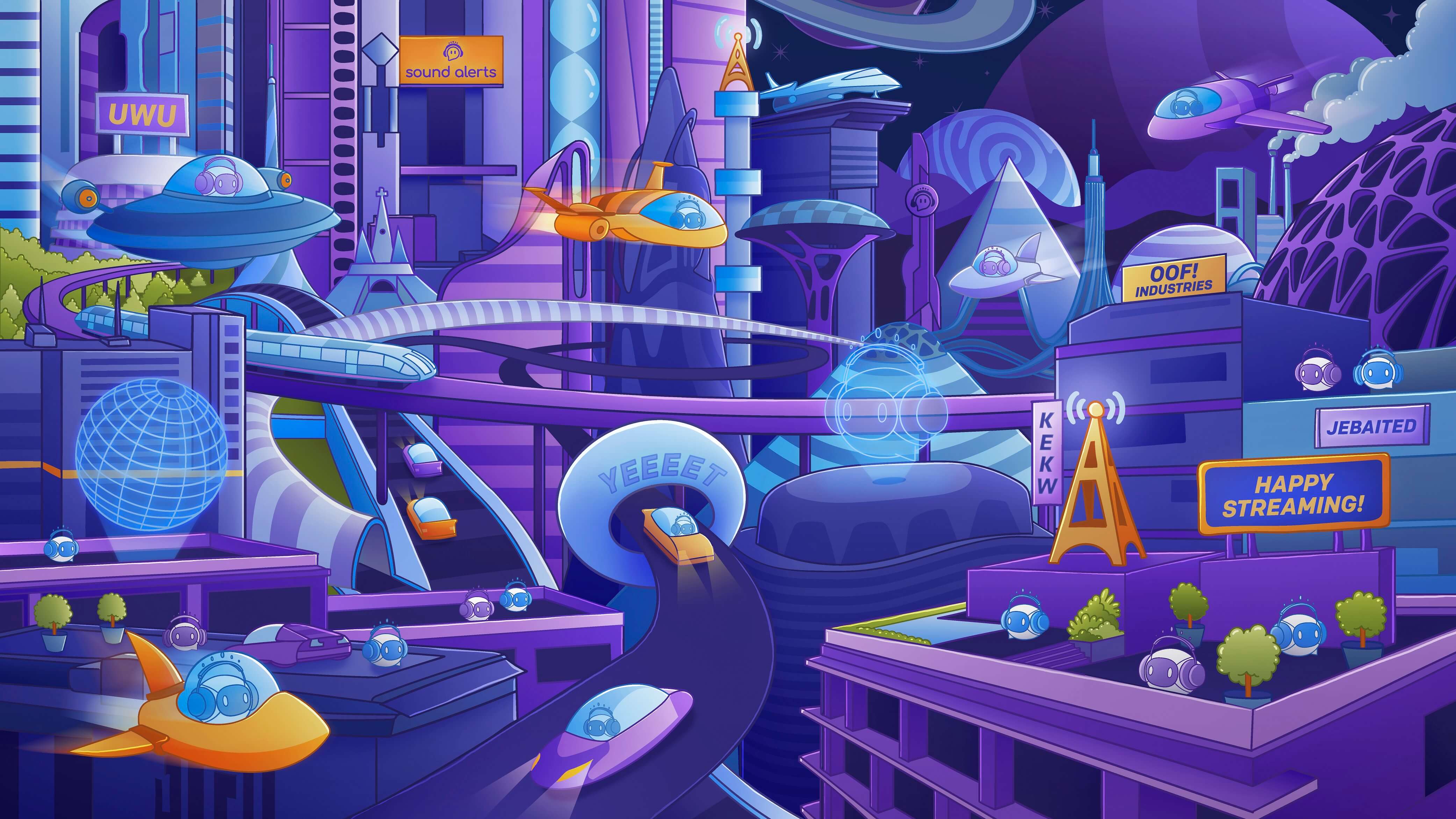 This image shows a concept art for a city centered in the Sound Alerts universe.