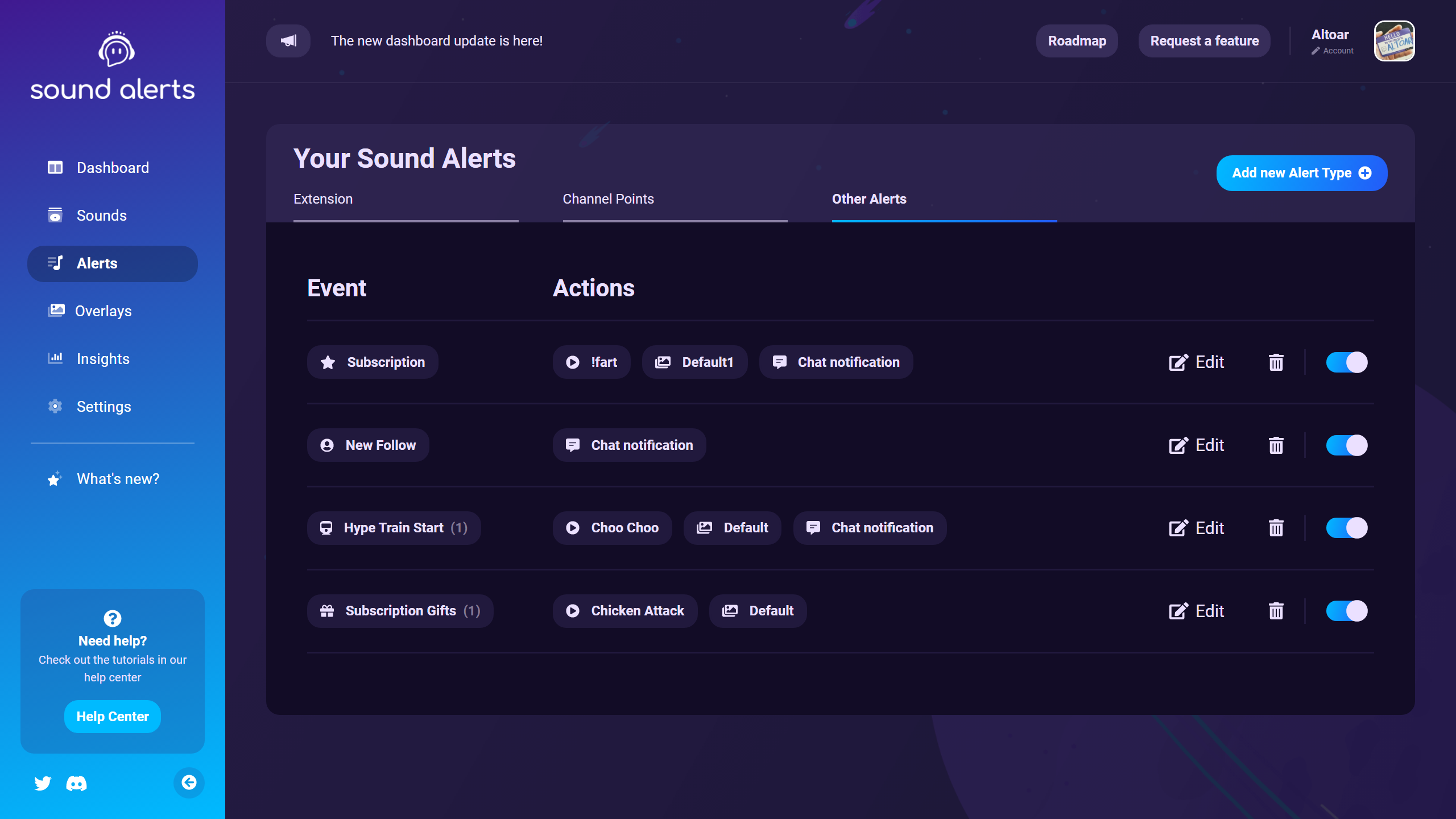 New Sound Alerts dashboard preview