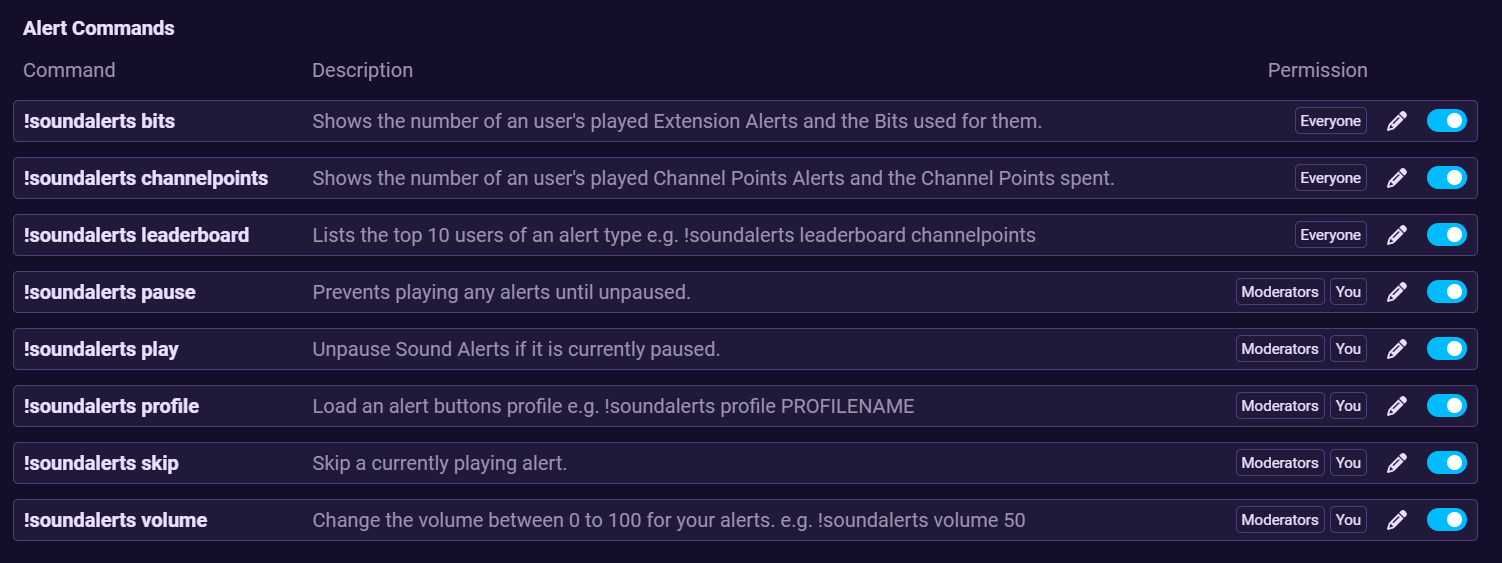 This image shows the Sound Alerts Chatbot settings